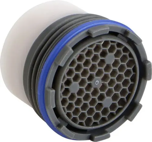 Luftsprudler von Ideal Standard mit hexagonalem Gitterdesign und einem grauen sowie blauen Rand. Einsatz zur Belüftung in Wasserversorgungssystemen.